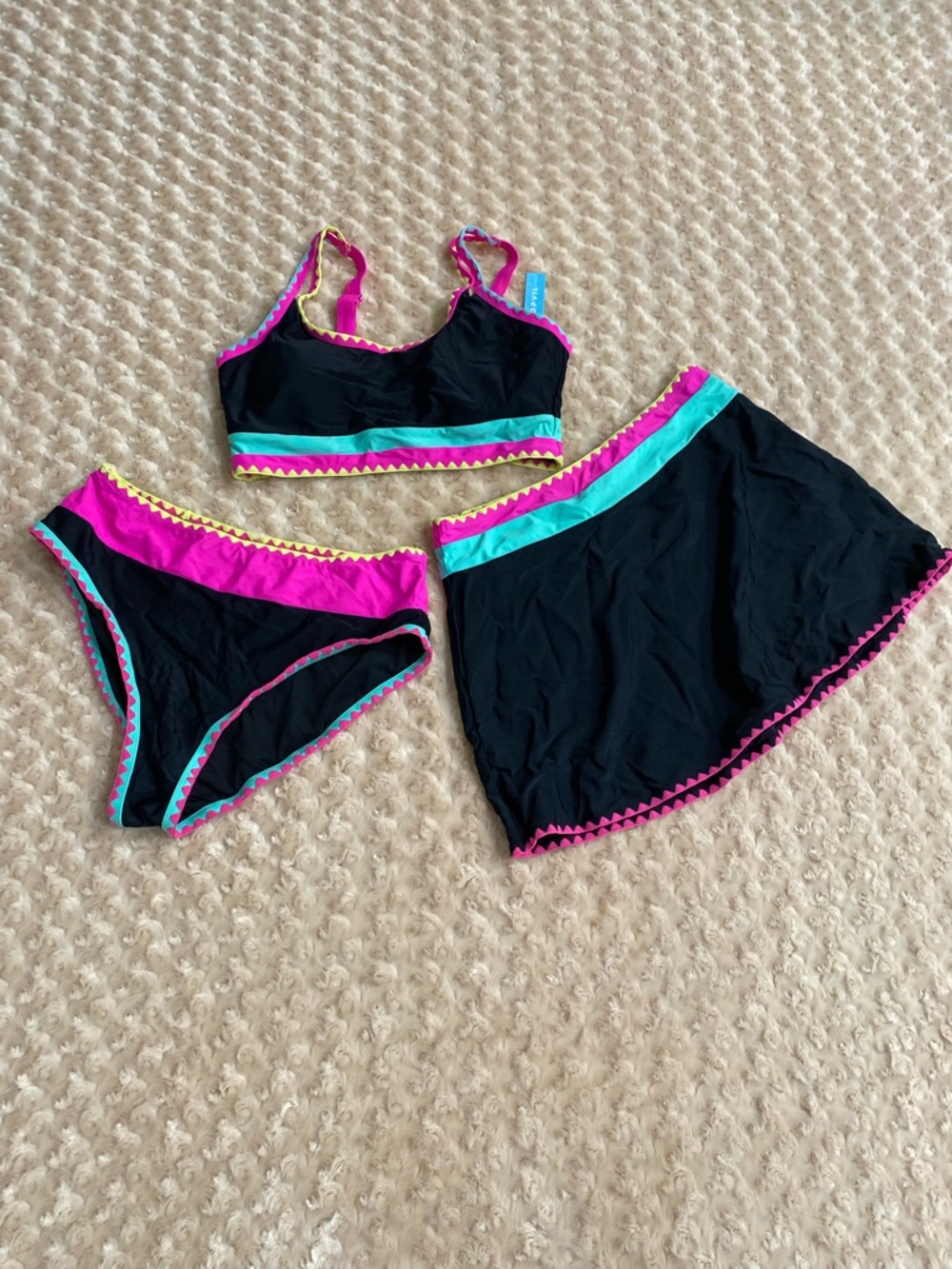 New Popvil Large black three-piece bikini set with neon pink and blue contrast
